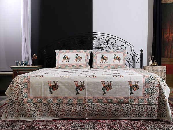 Exotic India Cream Color Cotton Handblock Printed Queen Size Bedsheet With Multicolor Camel-Vine Motif And Two Pillow Cover 