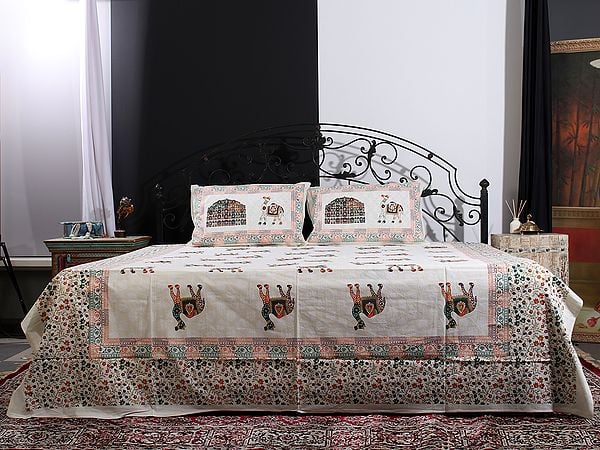 Exotic India Cream Color Cotton Handblock Printed Queen Size Bedsheet With Multicolor Camel-Vine Motif And Two Pillow Cover 
