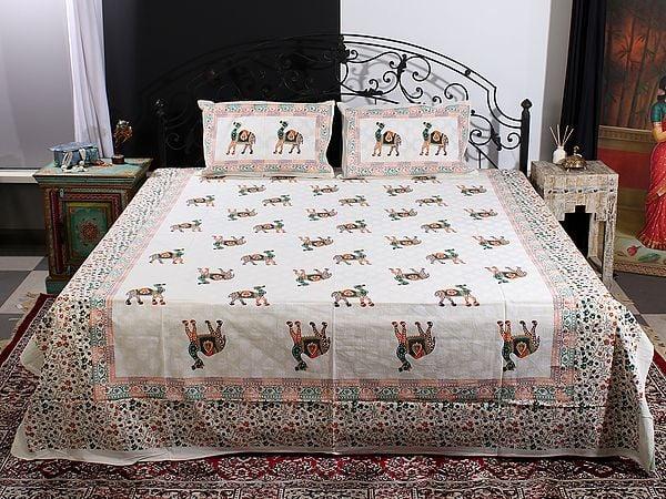 exotic india Cream Color Cotton Handblock Printed Queen Size Bedsheet With Multicolor Camel-Vine Motif And Two Pillow Cover 