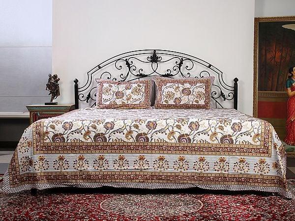 Exotic India Cream Color Handblock Printed Cotton Double Bedsheet With Multicolor-Gold Phool Bail Pattern And Two Pillow Cover 