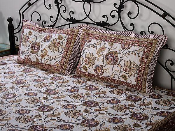Exotic India Cream Color Handblock Printed Cotton Double Bedsheet With Multicolor-Gold Phool Bail Pattern And Two Pillow Cover 