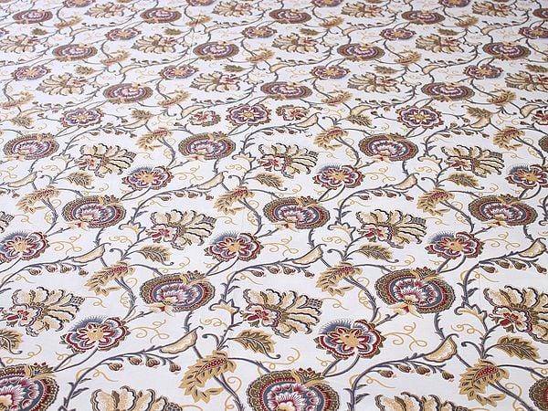 Exotic India Cream Color Handblock Printed Cotton Double Bedsheet With Multicolor-Gold Phool Bail Pattern And Two Pillow Cover 