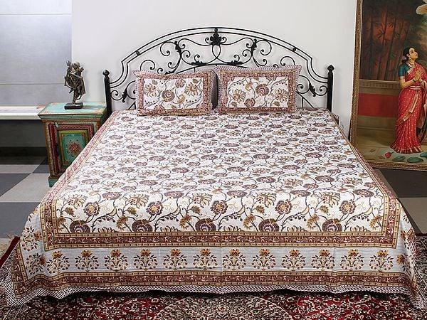 exotic india Cream Color Handblock Printed Cotton Double Bedsheet with Multicolor-Gold Phool Bail Pattern and Two Pillow Cover 