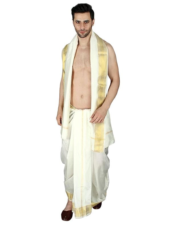 Exotic India Cream Dhoti And Angavastram With Golden Woven Border 