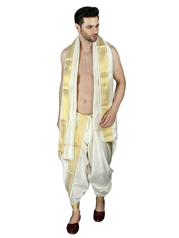 Exotic India Cream Dhoti And Angavastram With Golden Woven Border 