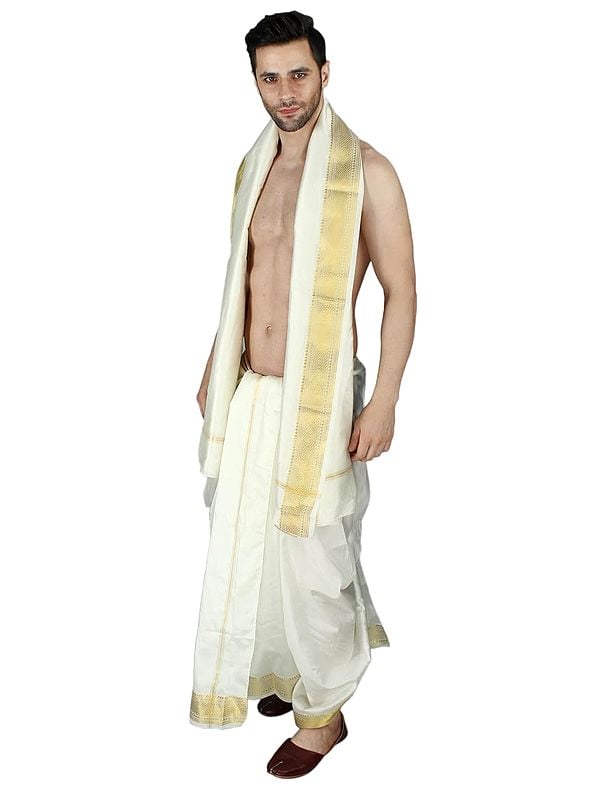 Exotic India Cream Dhoti And Angavastram With Golden Woven Border 