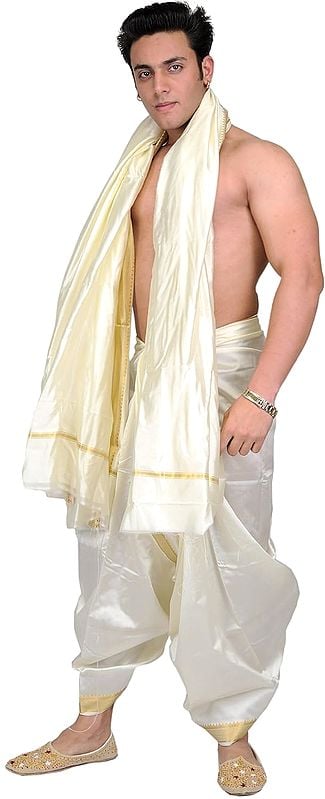 exotic india Cream Dhoti and Angavastram with Golden Woven Border 