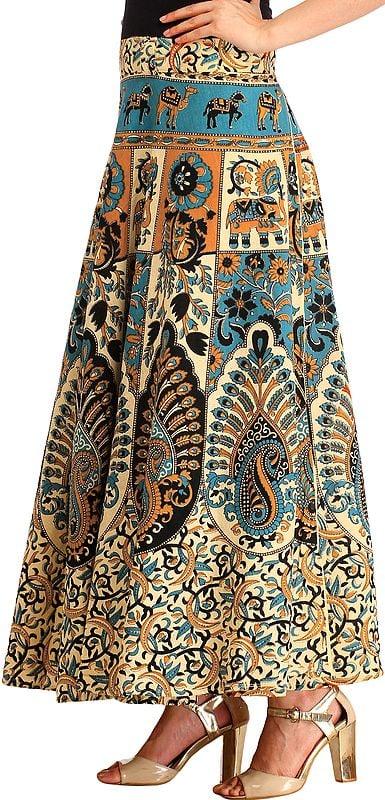 Exotic India Cream Floral Printed Wrap-Around Long Skirt From Pilkhuwa