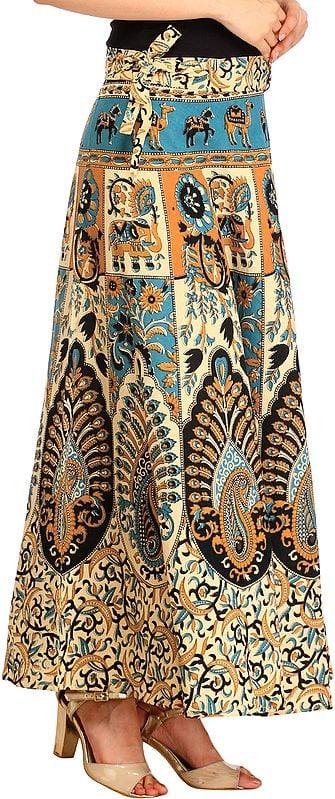 Exotic India Cream Floral Printed Wrap-Around Long Skirt From Pilkhuwa