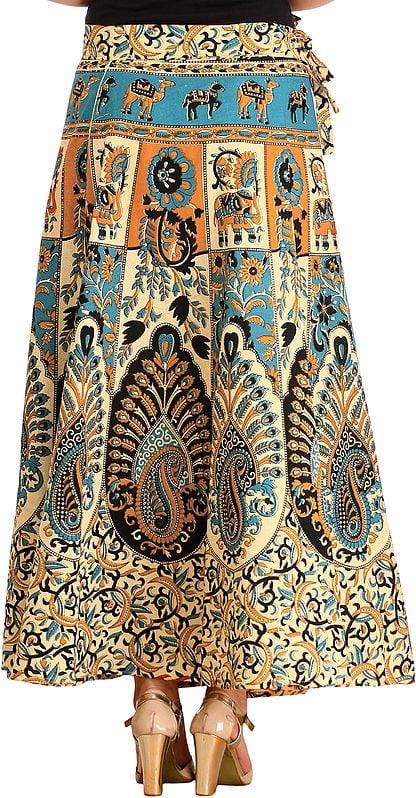 Exotic India Cream Floral Printed Wrap-Around Long Skirt From Pilkhuwa