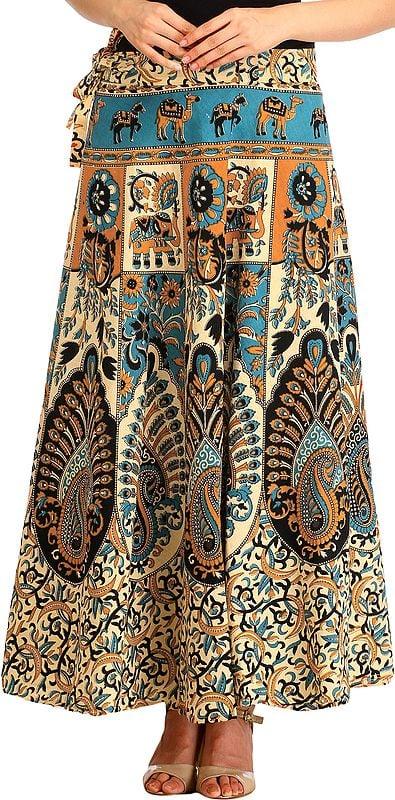 exotic india Cream Floral Printed Wrap-Around Long Skirt from Pilkhuwa 