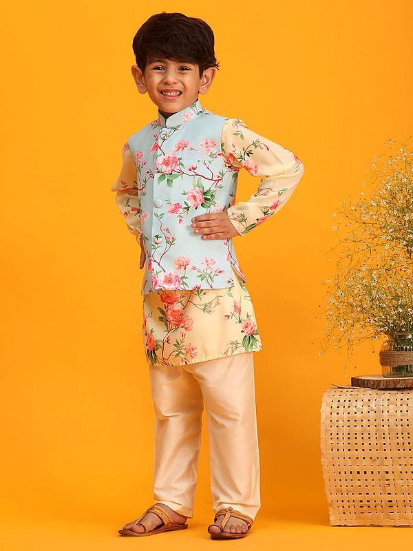 Exotic India Cream Muslin Cotton Digital Floral Print Kurta With Aqua Modi Jacket And Viscose Blend Pajama 