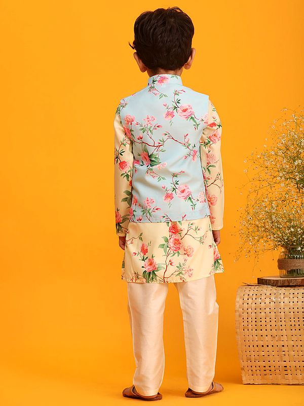 Exotic India Cream Muslin Cotton Digital Floral Print Kurta With Aqua Modi Jacket And Viscose Blend Pajama 