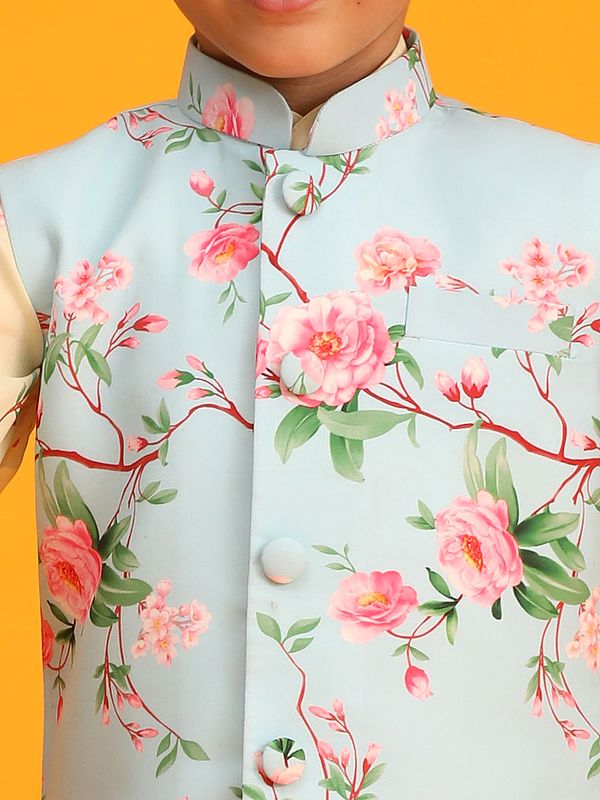 Exotic India Cream Muslin Cotton Digital Floral Print Kurta With Aqua Modi Jacket And Viscose Blend Pajama 