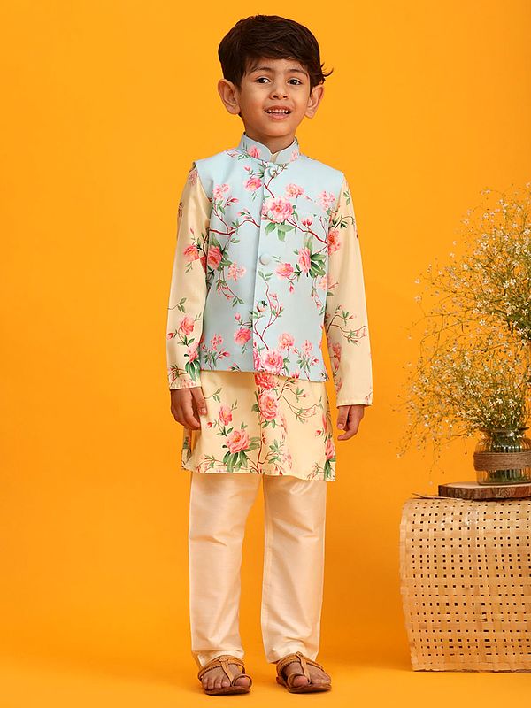 exotic india Cream Muslin Cotton Digital Floral Print Kurta With Aqua Modi Jacket And Viscose Blend Pajama 
