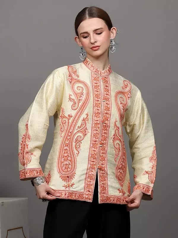 Exotic India Cream Short Jacket From Kashmir With Large Embroidered Paisleys By Hand 