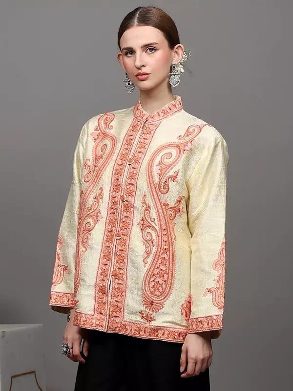 Exotic India Cream Short Jacket From Kashmir With Large Embroidered Paisleys By Hand 