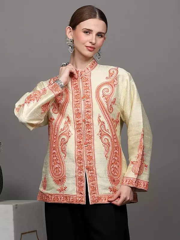 Exotic India Cream Short Jacket From Kashmir With Large Embroidered Paisleys By Hand 