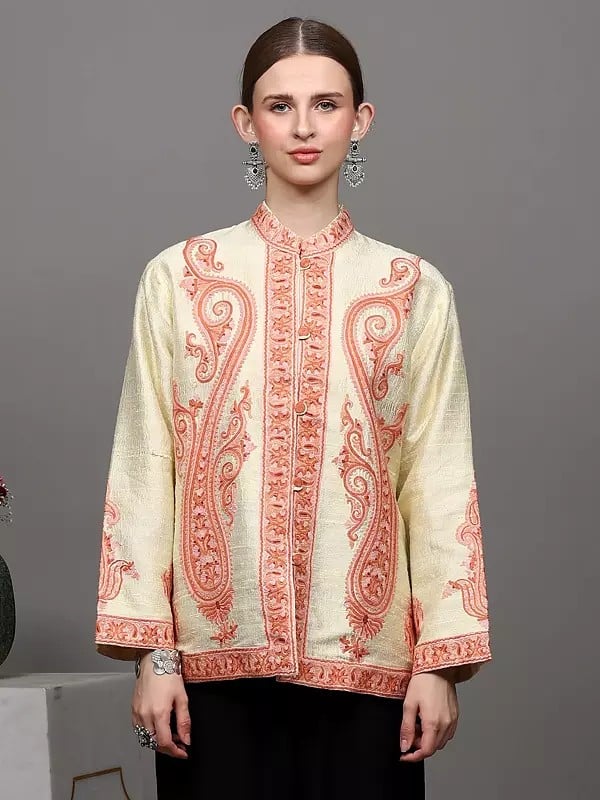 exotic india Cream Short Jacket from Kashmir with Large Embroidered Paisleys by Hand 