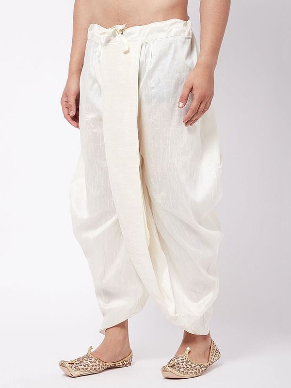 Exotic India Cream Silk Blend Traditional Style Plain Dhoti (Ready To Wear) 
