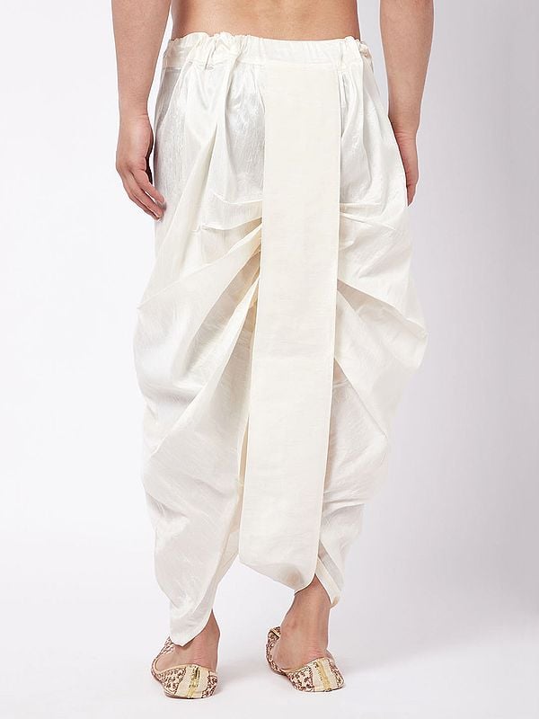 Exotic India Cream Silk Blend Traditional Style Plain Dhoti (Ready To Wear) 