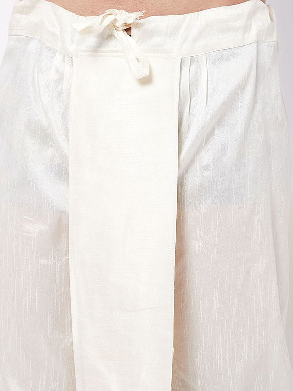 Exotic India Cream Silk Blend Traditional Style Plain Dhoti (Ready To Wear) 