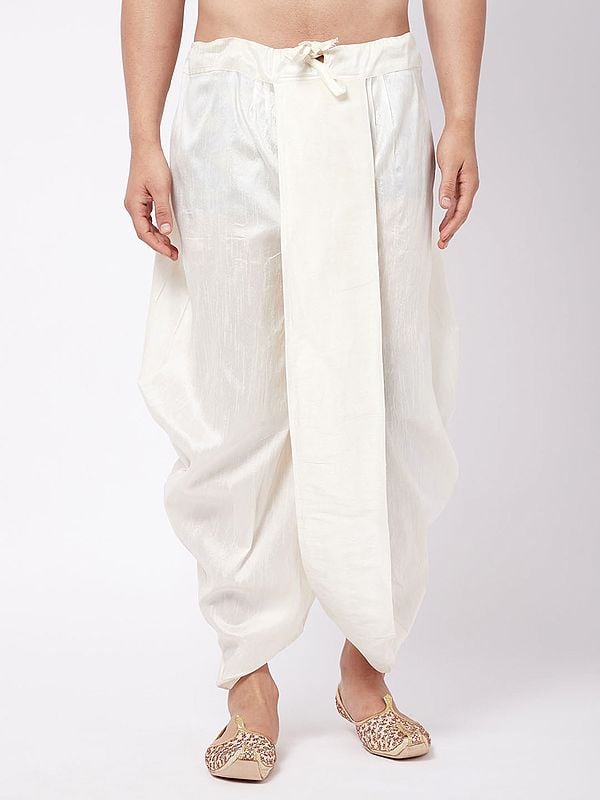 exotic india Cream Silk Blend Traditional Style Plain Dhoti (Ready to Wear) 