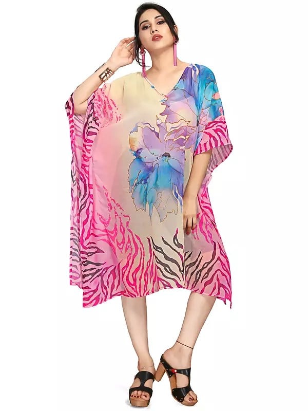 Exotic India Cream-Tan Georgette Short Kaftan With Floral Print