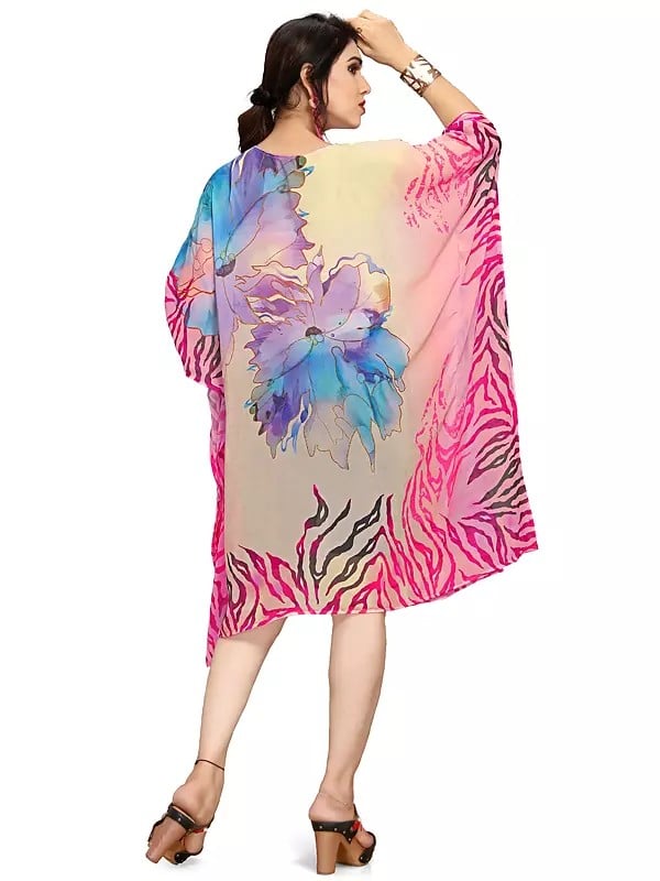Exotic India Cream-Tan Georgette Short Kaftan With Floral Print
