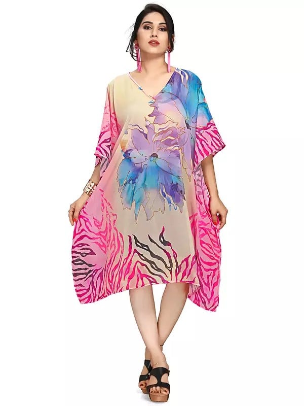 exotic india Cream-Tan Georgette Short Kaftan with Floral Print 
