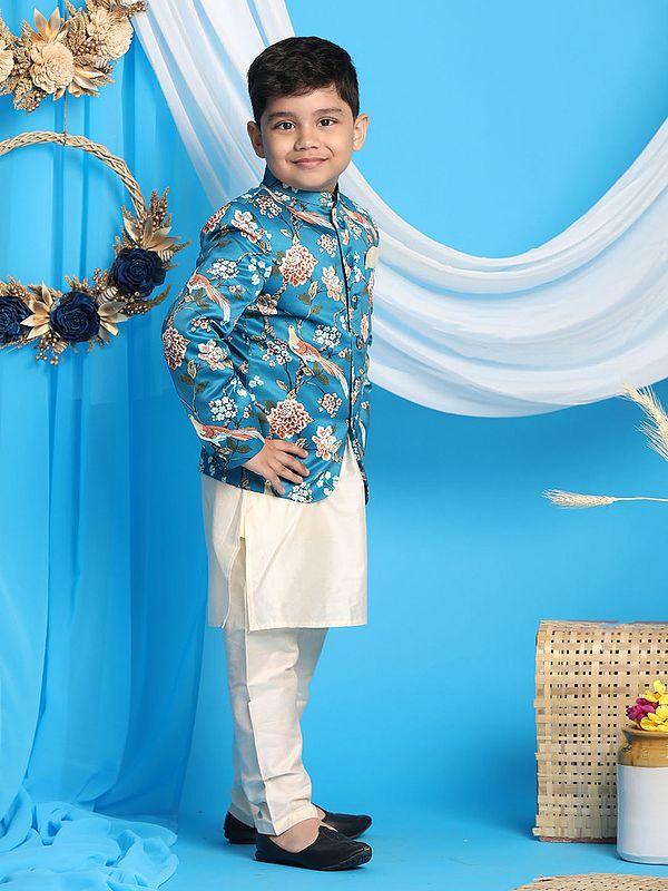 Exotic India Cream Viscose Kurta Pajama With Silk Blend Digital Bird-Floral Printed Turquoise Jodhpuri 