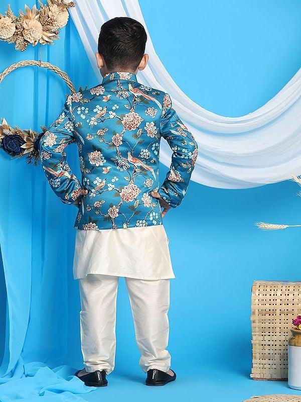 Exotic India Cream Viscose Kurta Pajama With Silk Blend Digital Bird-Floral Printed Turquoise Jodhpuri 