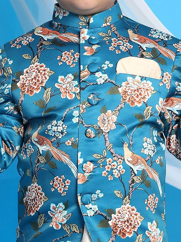 Exotic India Cream Viscose Kurta Pajama With Silk Blend Digital Bird-Floral Printed Turquoise Jodhpuri 