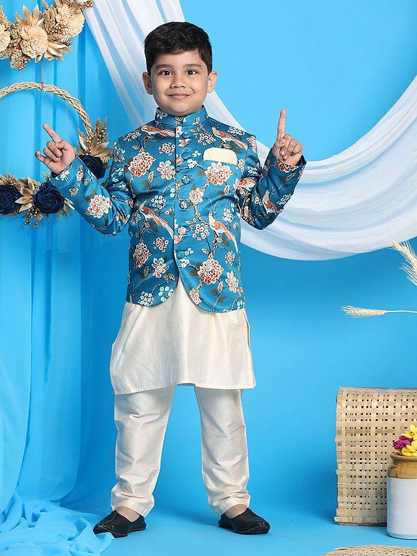 exotic india Cream Viscose Kurta Pajama With Silk Blend Digital Bird-Floral Printed Turquoise Jodhpuri