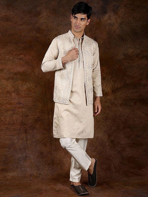 Exotic India Creme-Brulee Wedding Kurta Pajama Set With Parsi Embroidery On Jacket In Pastel Hues 