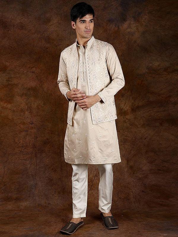 Exotic India Creme-Brulee Wedding Kurta Pajama Set With Parsi Embroidery On Jacket In Pastel Hues 