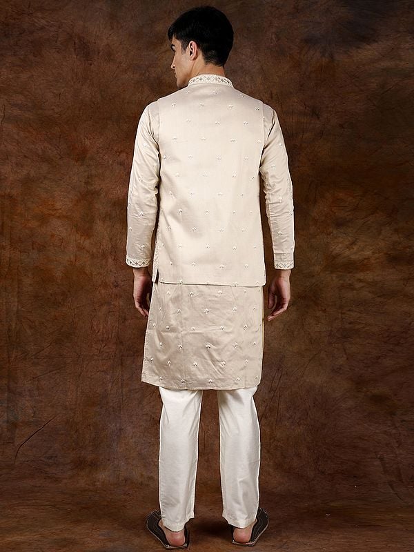Exotic India Creme-Brulee Wedding Kurta Pajama Set With Parsi Embroidery On Jacket In Pastel Hues 