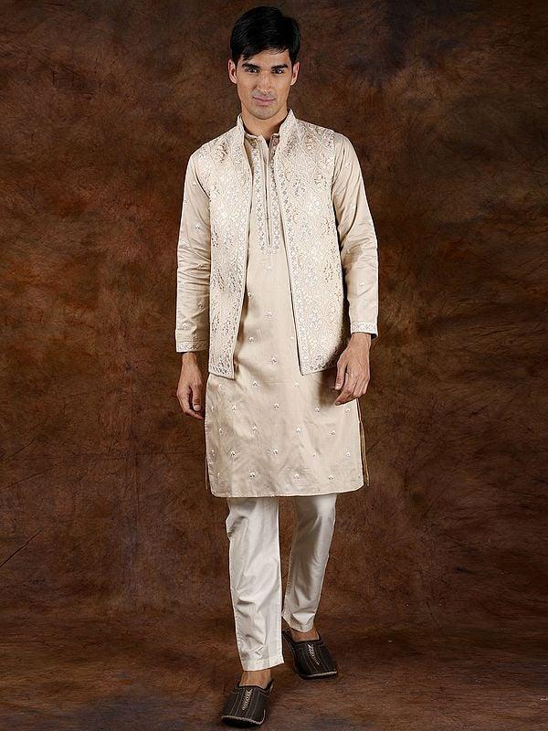 exotic india Creme-Brulee Wedding Kurta Pajama Set with Parsi Embroidery on Jacket in Pastel Hues 