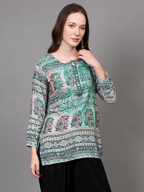 Exotic India Crepe Embroidered Short Kurti With Printed Paisleys 
