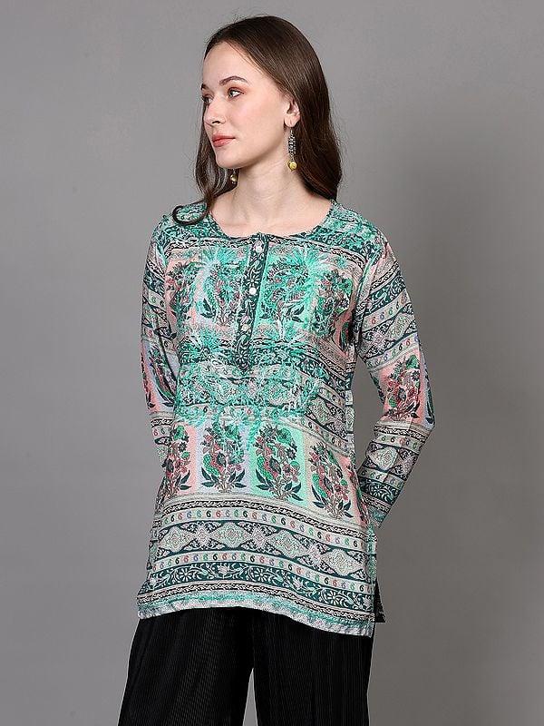 Exotic India Crepe Embroidered Short Kurti With Printed Paisleys 