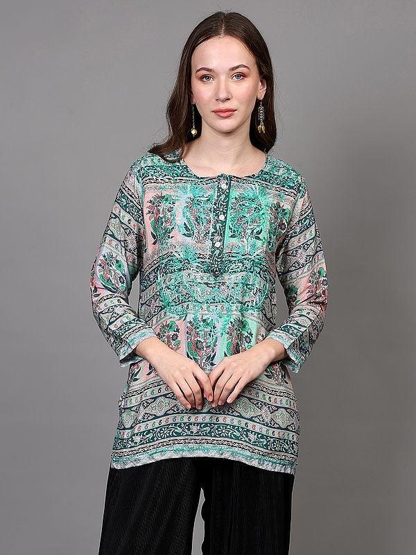 exotic india Crepe Embroidered Short Kurti with Printed Paisleys 