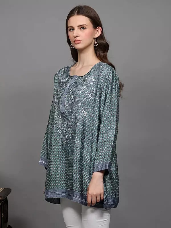 Exotic India Crepe Printed Short Kurti With Chikankari Embroidery 