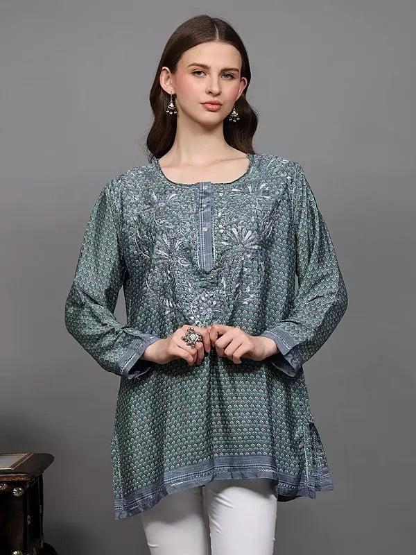 Exotic India Crepe Printed Short Kurti With Chikankari Embroidery 