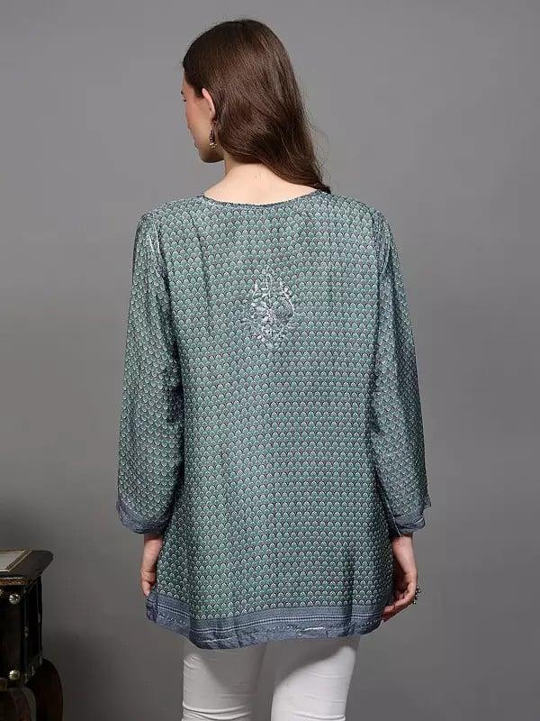 Exotic India Crepe Printed Short Kurti With Chikankari Embroidery 