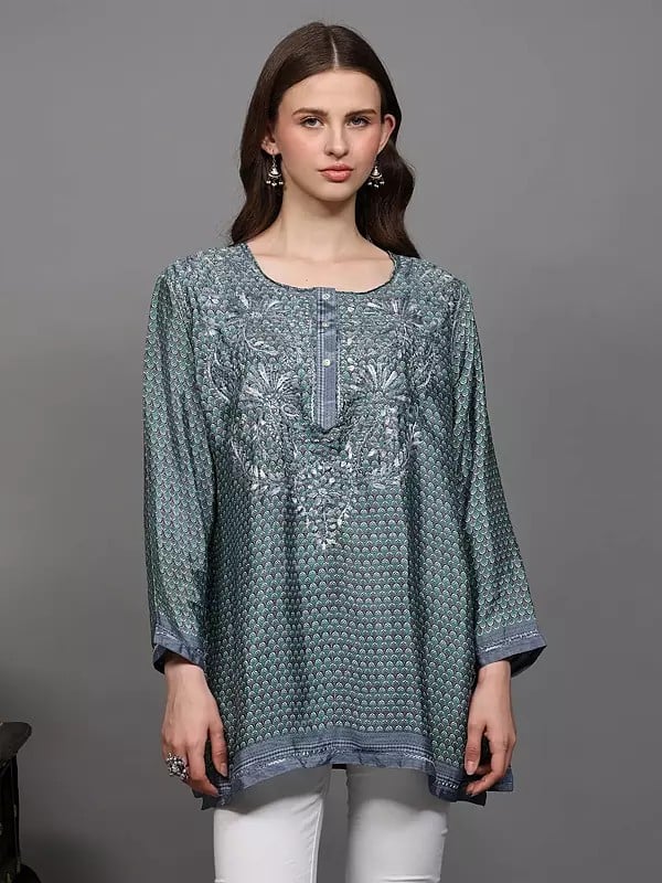 exotic india Crepe Printed Short Kurti with Chikankari Embroidery 