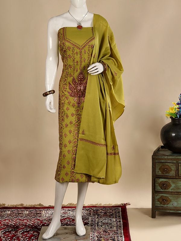 Exotic India Cress-Green Wool Three Piece Salwar Kameez Fabric From Kashmir With Matching Dupatta And Sozni Embroidery By Hand 