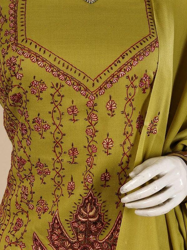 Exotic India Cress-Green Wool Three Piece Salwar Kameez Fabric From Kashmir With Matching Dupatta And Sozni Embroidery By Hand 