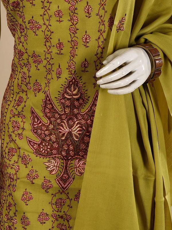 Exotic India Cress-Green Wool Three Piece Salwar Kameez Fabric From Kashmir With Matching Dupatta And Sozni Embroidery By Hand 