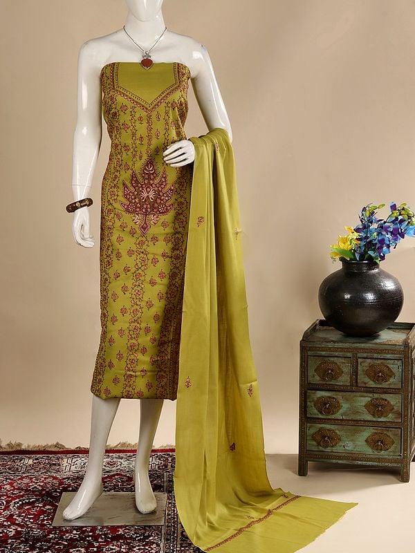 exotic india Cress-Green Wool Three Piece Salwar Kameez Fabric from Kashmir with Matching Dupatta and Sozni Embroidery by Hand 