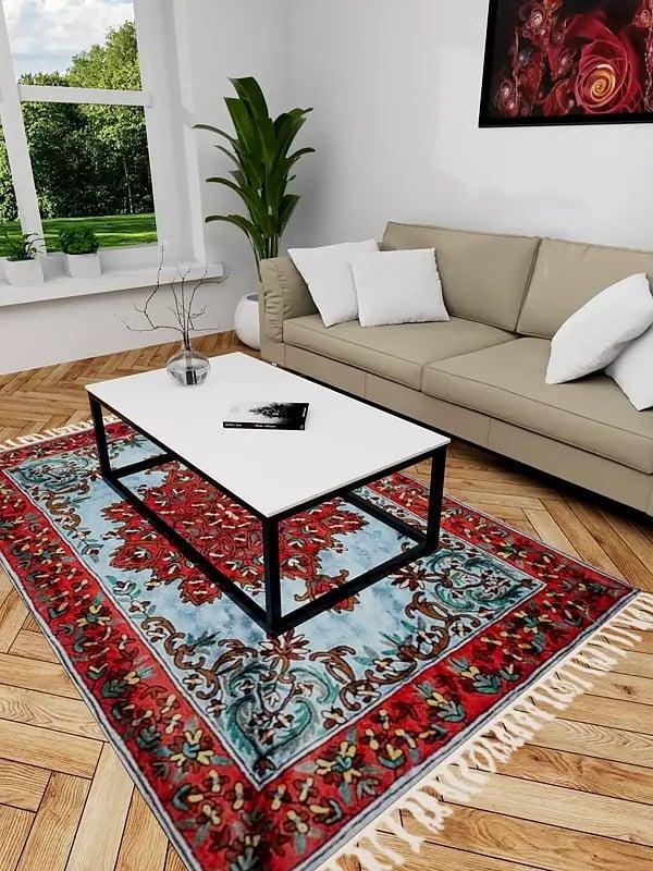 Exotic India Crimson And Amber Cashmere Wool Chain Stitched Embroidered Carpet With Tassels And Traditional Motifs From Kashmir 